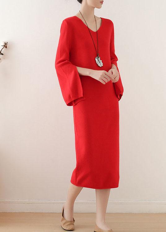 Simple Red V Neck Elegant Slim Fit Knitwear Dress - Omychic