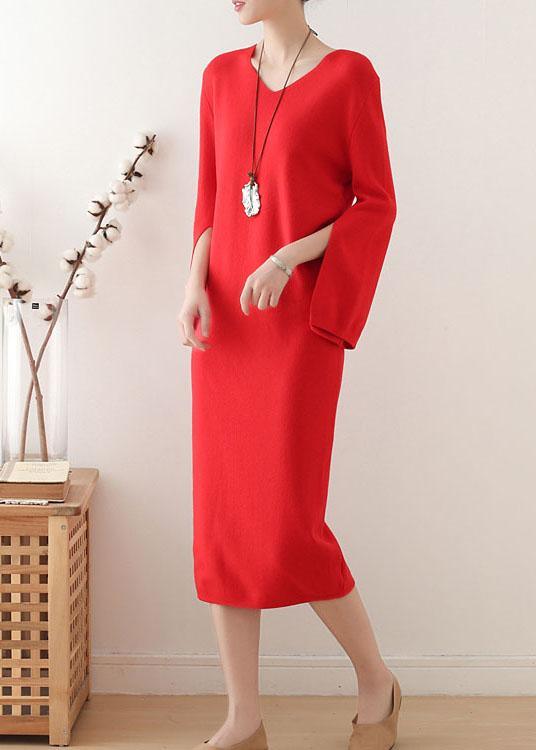 Simple Red V Neck Elegant Slim Fit Knitwear Dress - Omychic