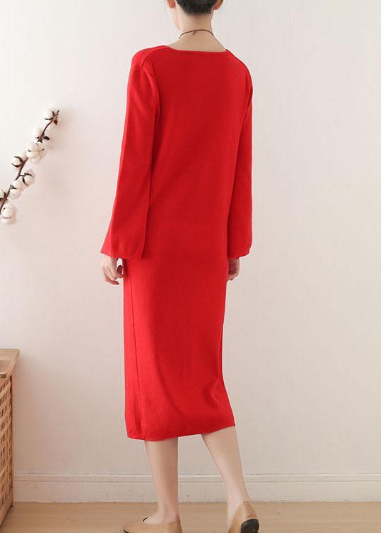Simple Red V Neck Elegant Slim Fit Knitwear Dress - Omychic