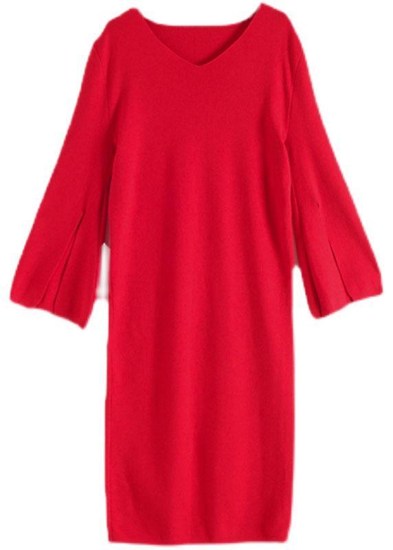 Simple Red V Neck Elegant Slim Fit Knitwear Dress - Omychic