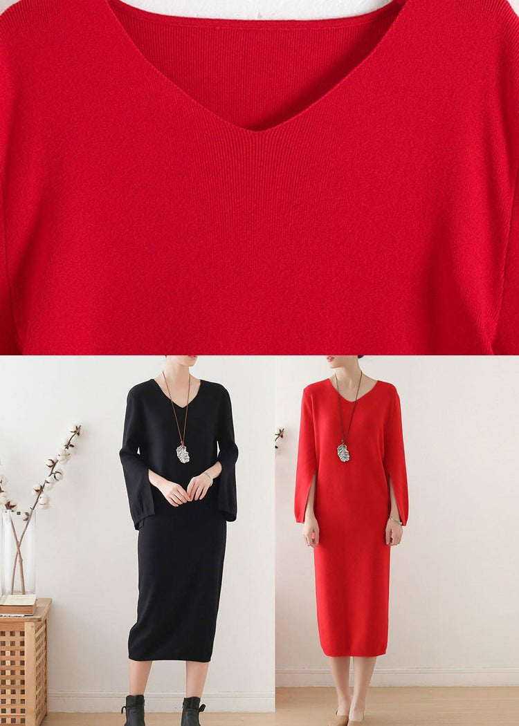Simple Red V Neck Elegant Slim Fit Knitwear Dress - Omychic