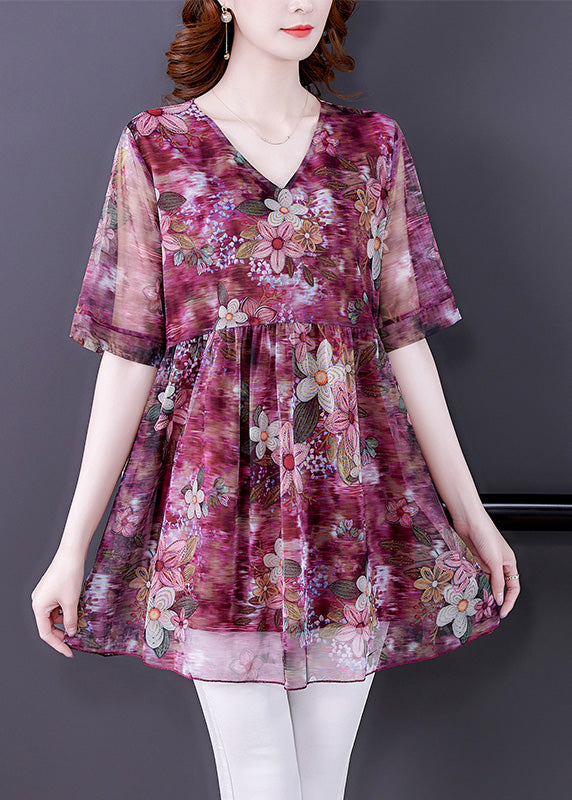 Simple Red V Neck Print Patchwork Chiffon Shirts Short Sleeve