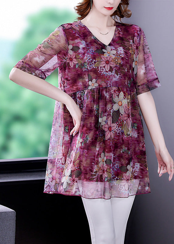 Simple Red V Neck Print Patchwork Chiffon Shirts Short Sleeve