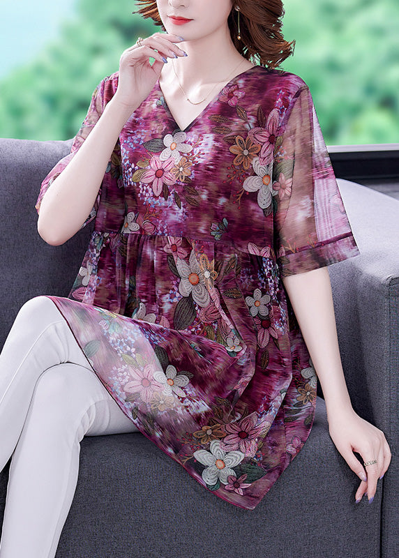 Simple Red V Neck Print Patchwork Chiffon Shirts Short Sleeve