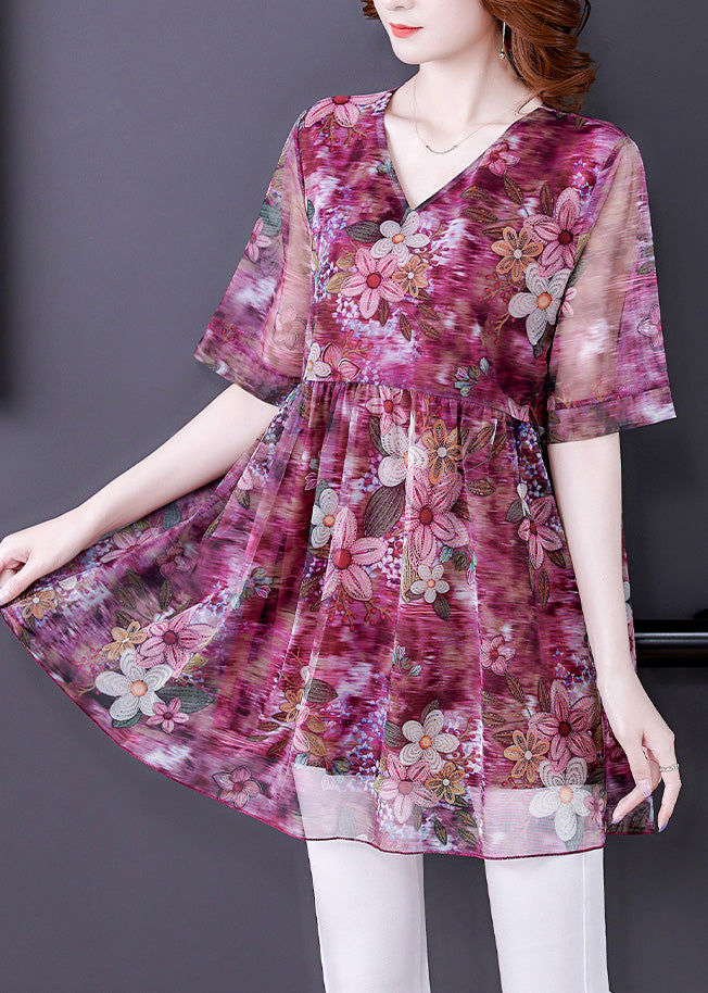 Simple Red V Neck Print Patchwork Chiffon Shirts Short Sleeve