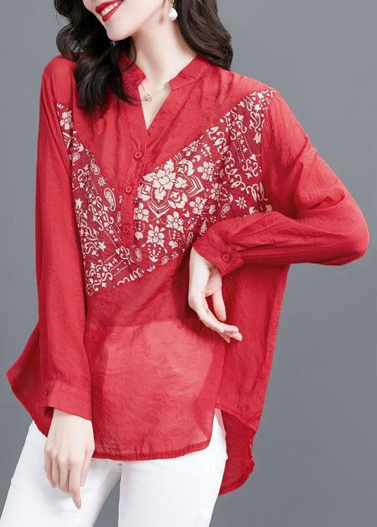 Simple Red V Neck Print Zircon Patchwork Chiffon Shirt Top Long Sleeve