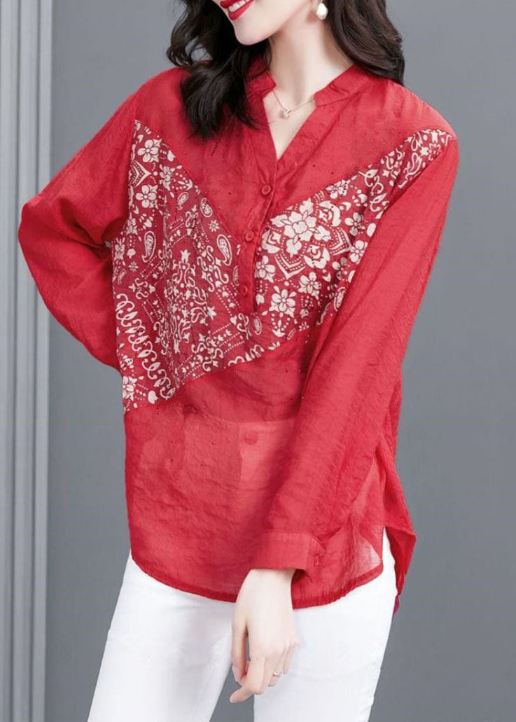 Simple Red V Neck Print Zircon Patchwork Chiffon Shirt Top Long Sleeve