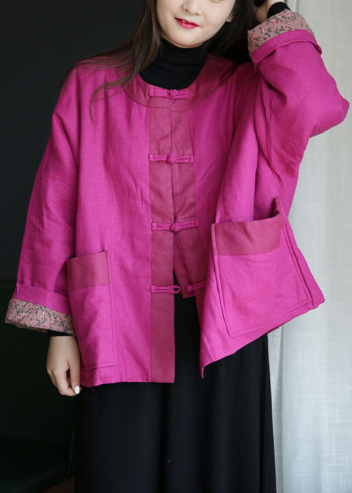 Simple Rose O Neck Chinese Button Pockets Cotton Filled Outwear Winter