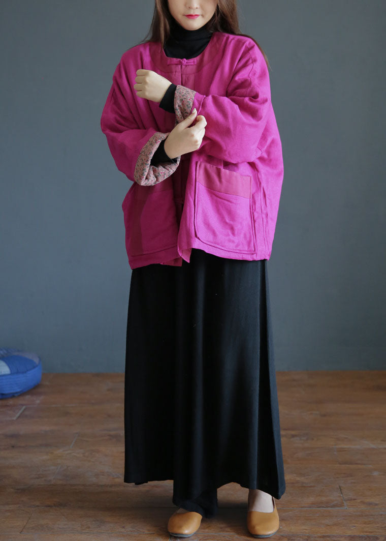 Simple Rose O Neck Chinese Button Pockets Cotton Filled Outwear Winter