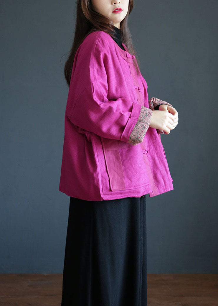 Simple Rose O Neck Chinese Button Pockets Cotton Filled Outwear Winter