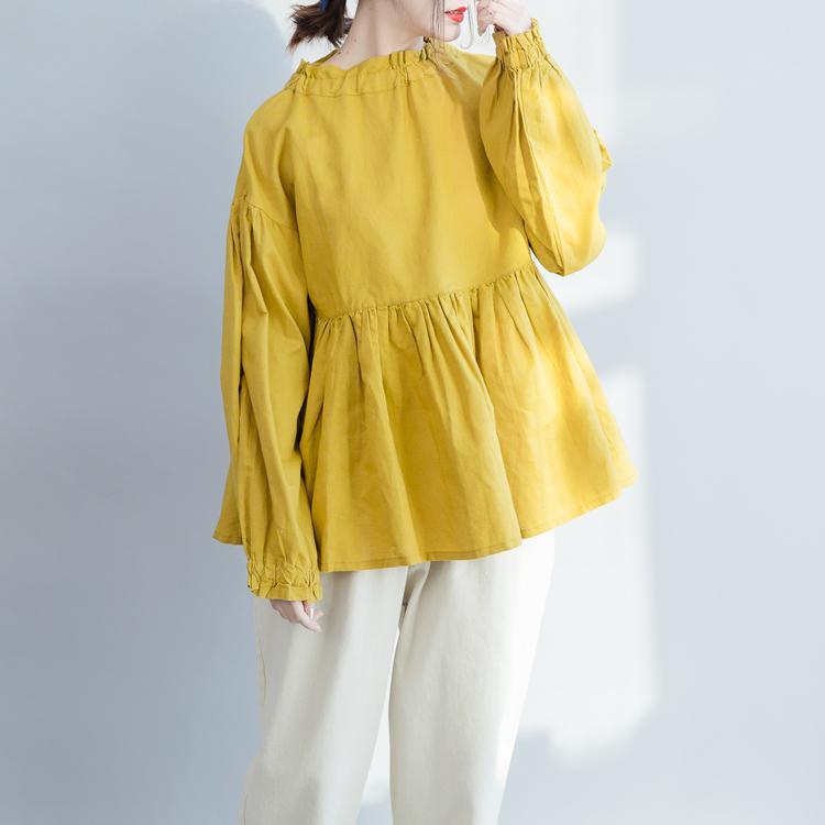 Simple Ruffled wrinkled cotton linen shirts boutique Shape yellow baggy blouse spring - Omychic