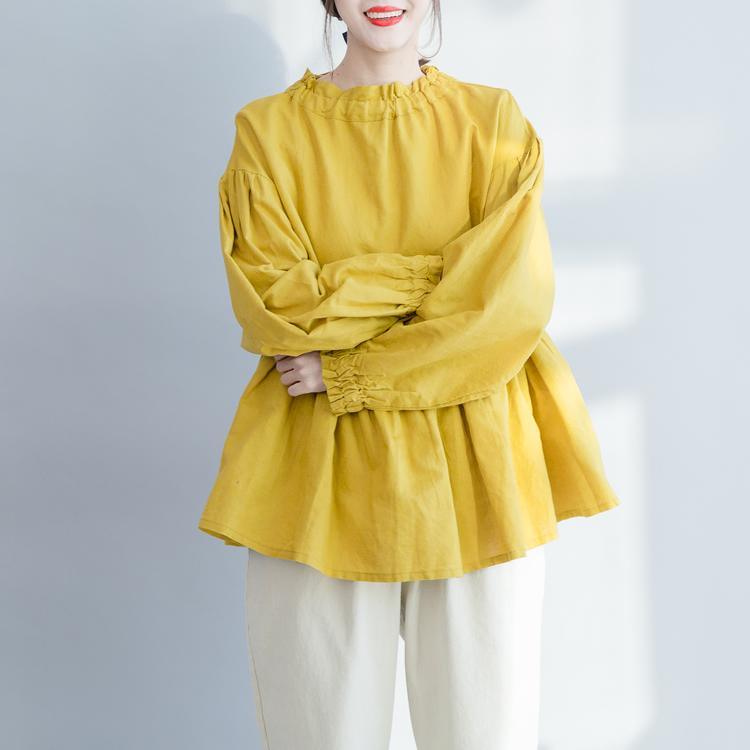 Simple Ruffled wrinkled cotton linen shirts boutique Shape yellow baggy blouse spring - Omychic