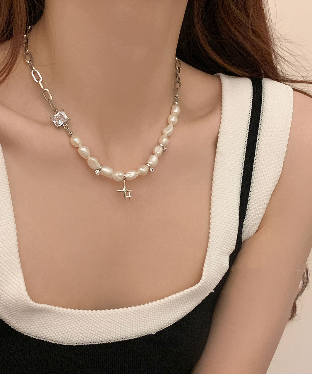 Simple Silk Stainless Steel Zircon Pearl Star Lariat Necklace