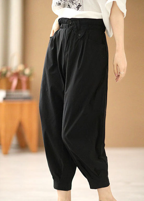 Simple Solid Black Elastic Waist Pockets Cotton Harem Pants Summer