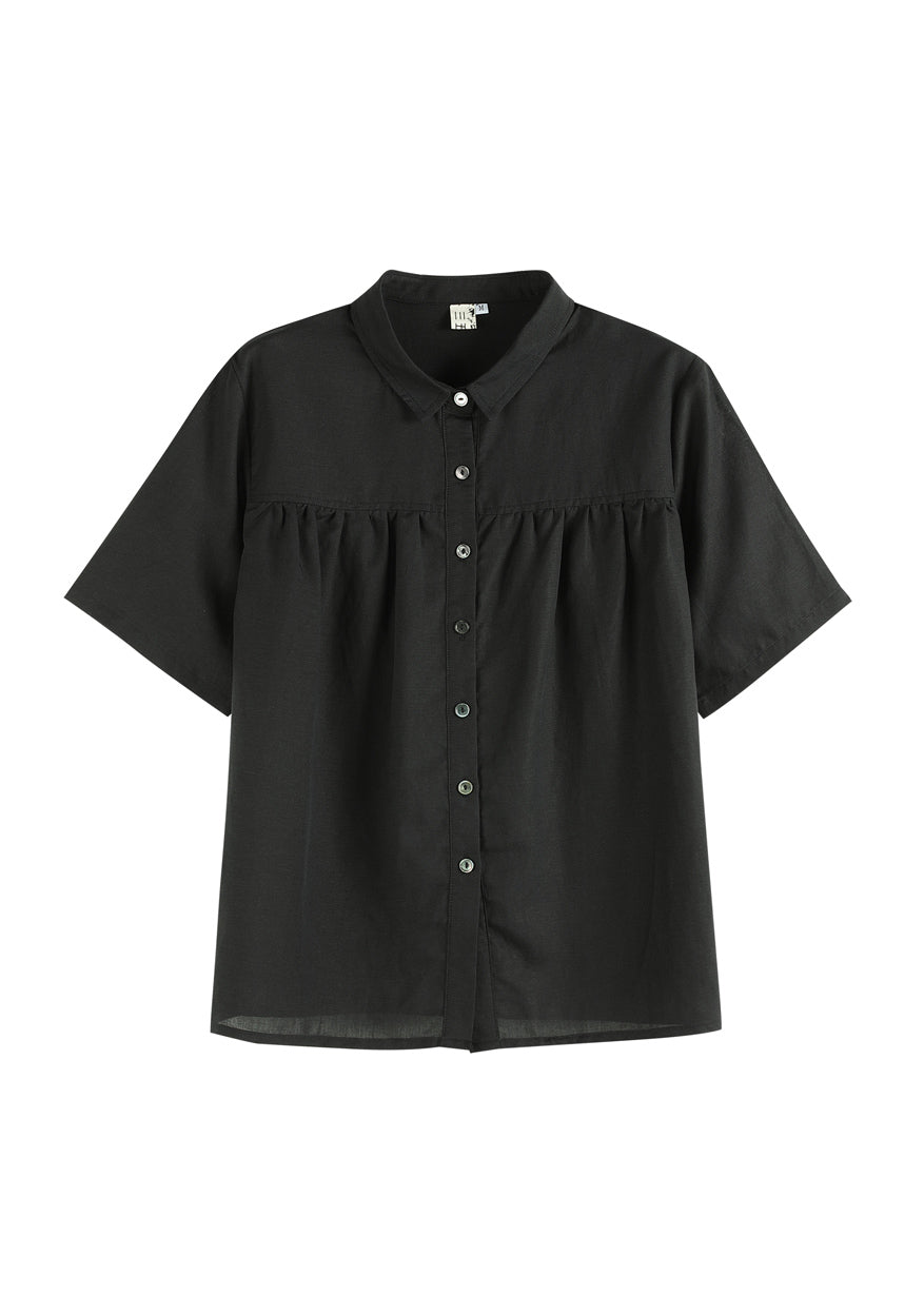 Simple Solid Black Peter Pan Collar Wrinkled Button Linen Blouses Short Sleeve