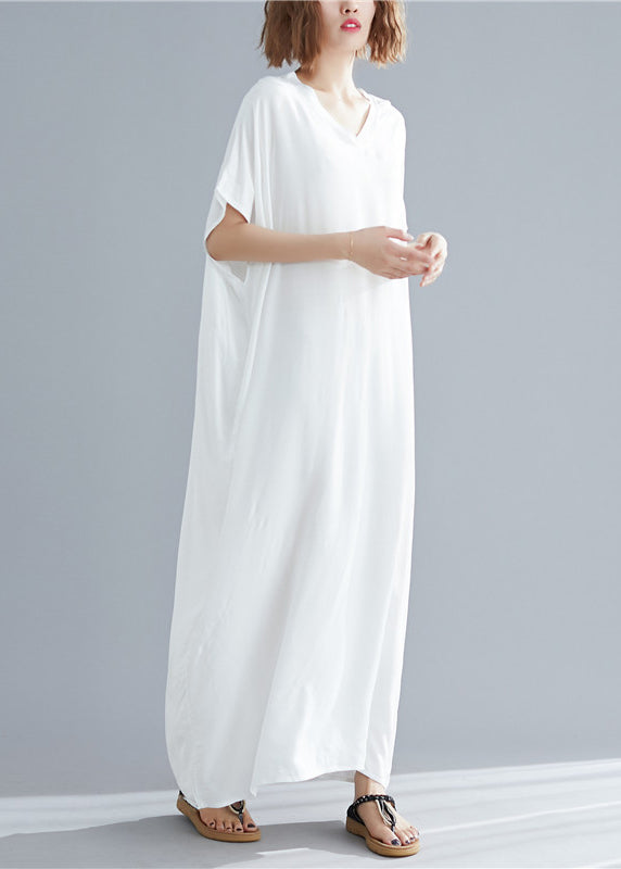Simple Solid White V Neck Cotton Beach Long Dress Short Sleeve