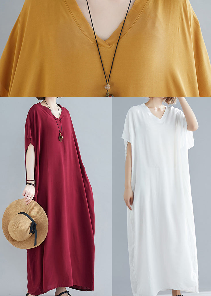 Simple Solid White V Neck Cotton Beach Long Dress Short Sleeve