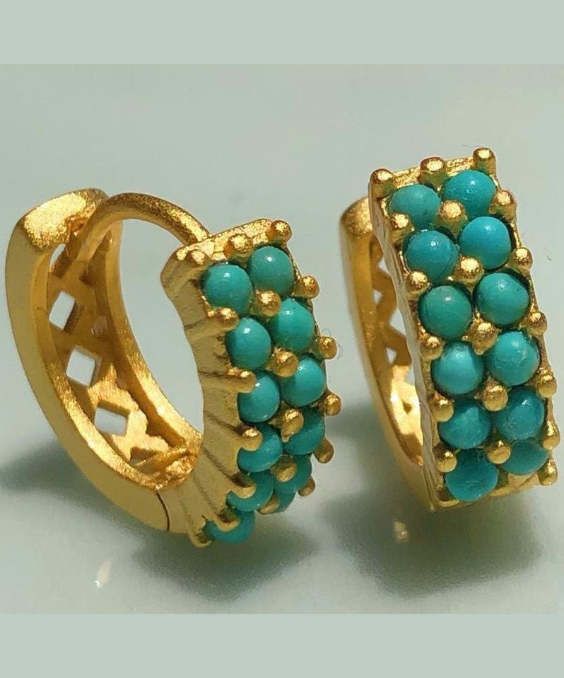 Simple Sterling Silver Overgild Inlaid Turquoise Hoop Earrings - Omychic