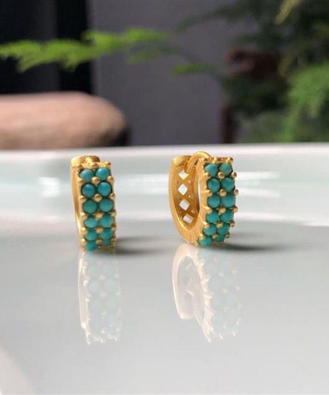 Simple Sterling Silver Overgild Inlaid Turquoise Hoop Earrings - Omychic