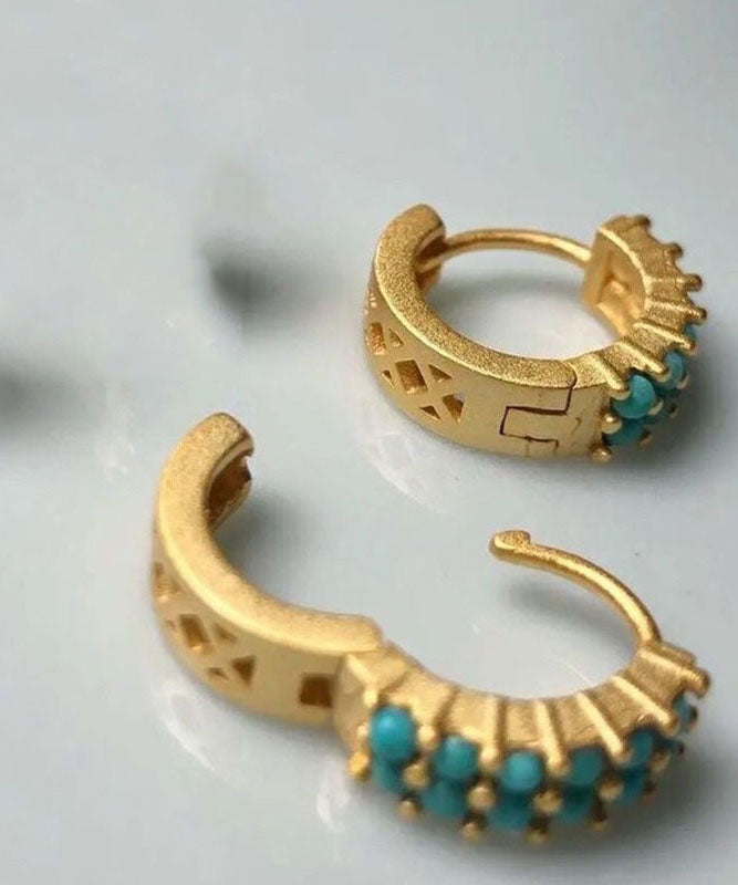 Simple Sterling Silver Overgild Inlaid Turquoise Hoop Earrings - Omychic