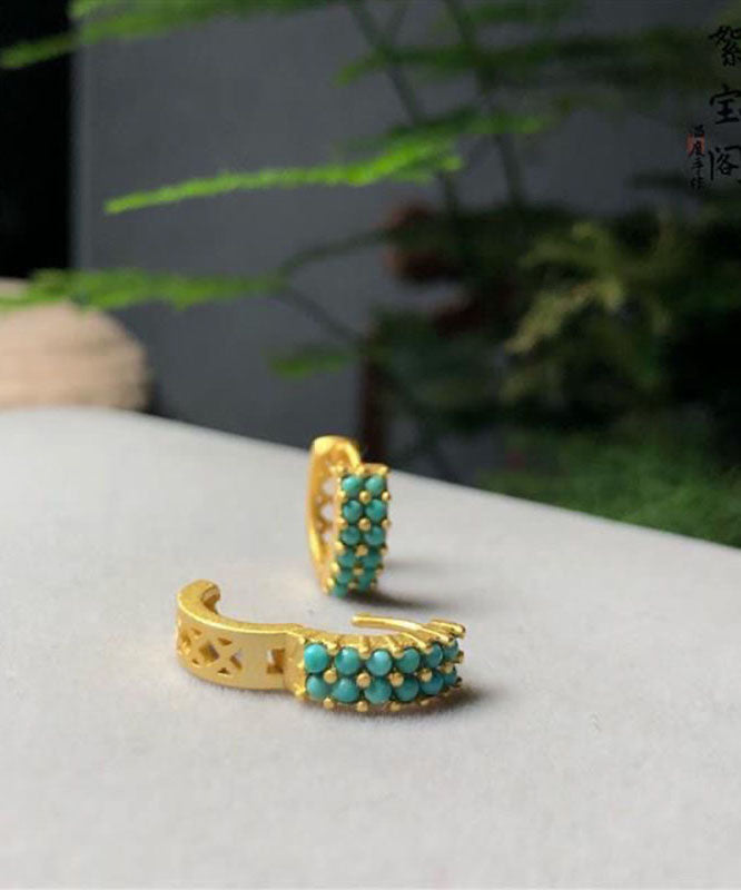 Simple Sterling Silver Overgild Inlaid Turquoise Hoop Earrings - Omychic