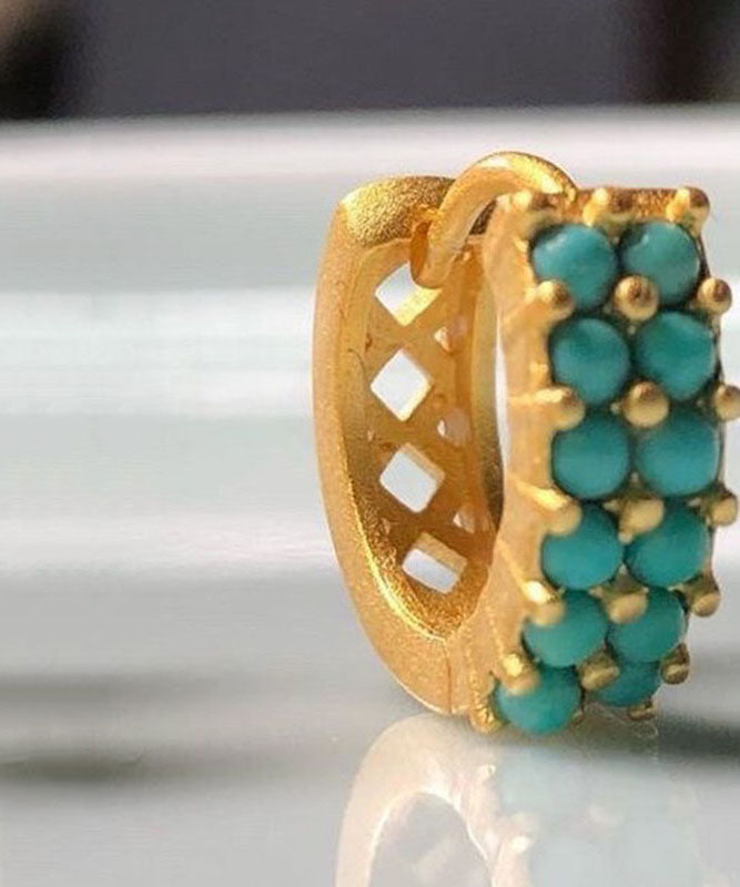 Simple Sterling Silver Overgild Inlaid Turquoise Hoop Earrings - Omychic