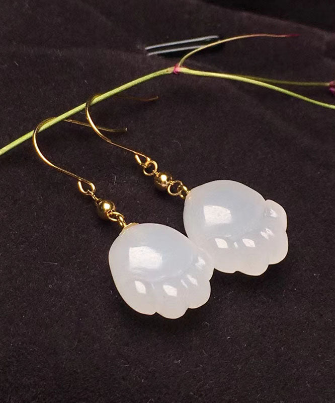 Simple White 14K Gold Jade Cat Paw Drop Earrings