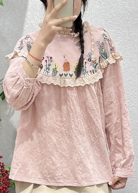 Simple White Embroideried Lace Patchwork Cotton Top Long Sleeve