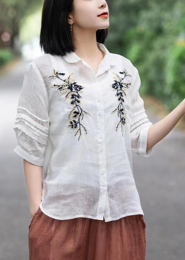 Simple White Embroideried Patchwork Lace Linen Blouse Tops Short Sleeve