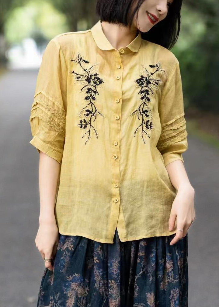 Simple White Embroideried Patchwork Lace Linen Blouse Tops Short Sleeve
