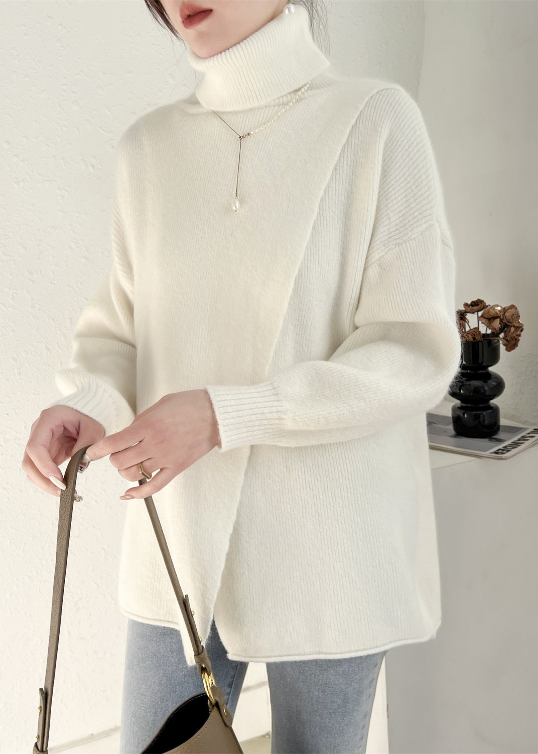 Simple White Hign Neck Asymmetrical Patchwork Woolen Knit Pullover Spring