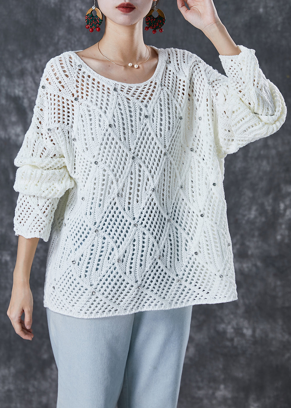 Simple White Hollow Out Zircon Knit Tops Fall