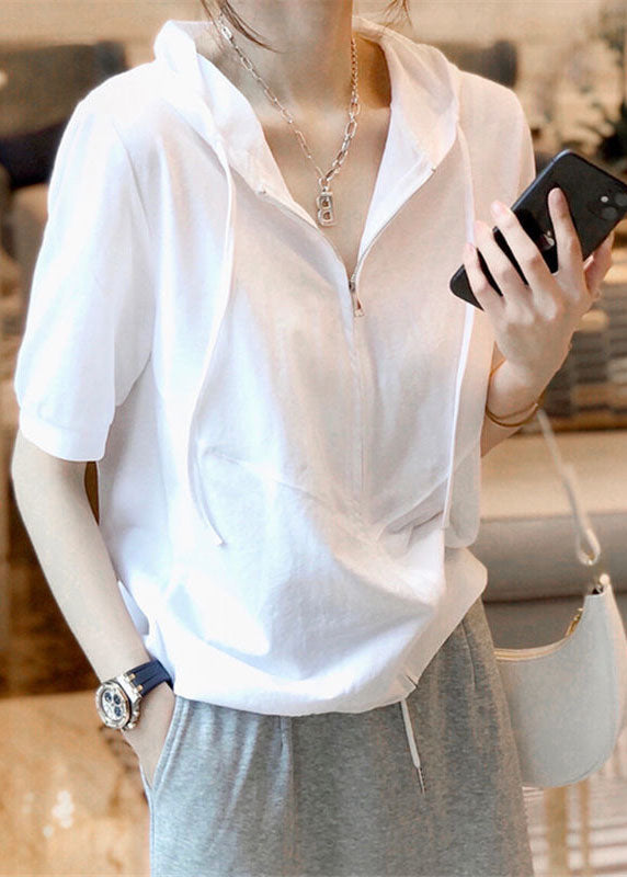 Simple White Hooded Zippered Patchwork Cotton T Shirts Summer
