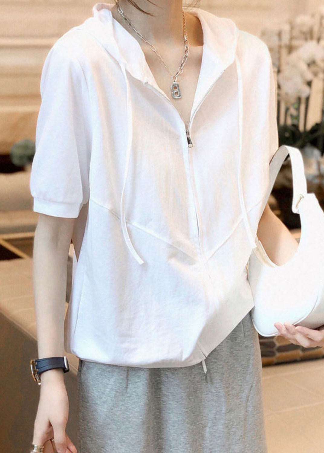 Simple White Hooded Zippered Patchwork Cotton T Shirts Summer