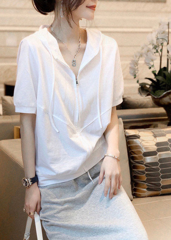 Simple White Hooded Zippered Patchwork Cotton T Shirts Summer