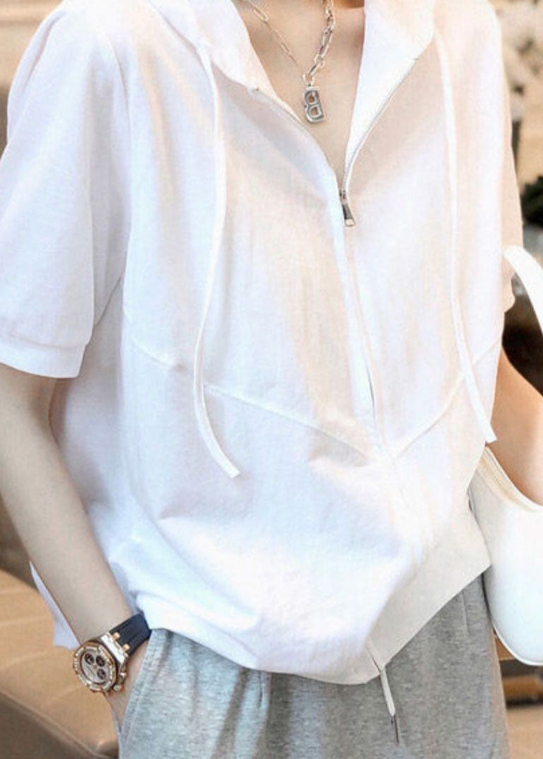 Simple White Hooded Zippered Patchwork Cotton T Shirts Summer