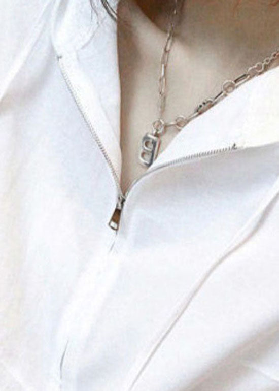 Simple White Hooded Zippered Patchwork Cotton T Shirts Summer