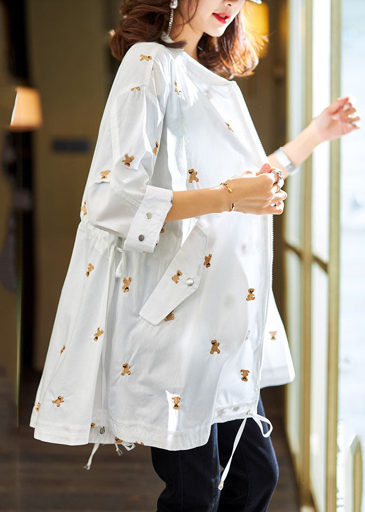 Simple White Little Bear Embroideried Zippered Drawstring Cotton Coats Fall