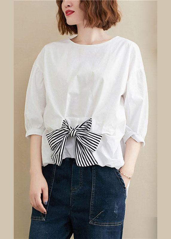 Simple White O-Neck Bow Patchwork Fall Top Three Quarter Sleeve - Omychic
