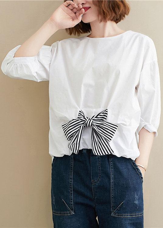 Simple White O-Neck Bow Patchwork Fall Top Three Quarter Sleeve - Omychic