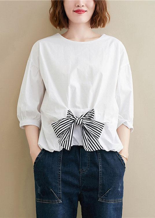 Simple White O-Neck Bow Patchwork Fall Top Three Quarter Sleeve - Omychic