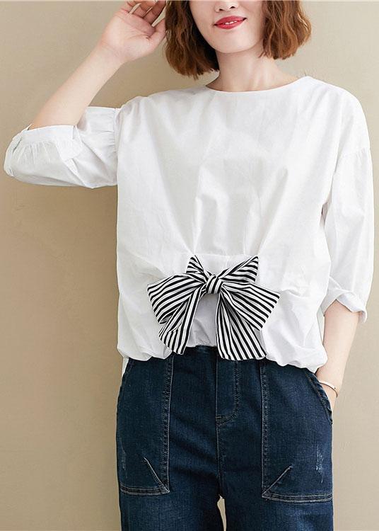 Simple White O-Neck Bow Patchwork Fall Top Three Quarter Sleeve - Omychic