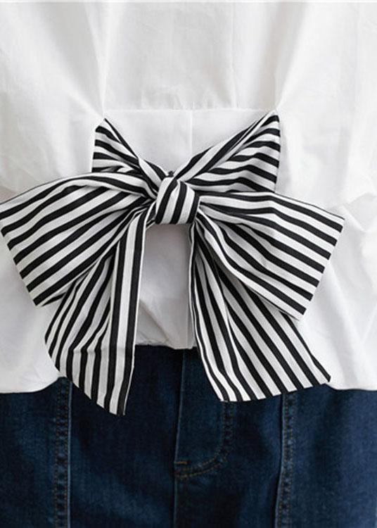 Simple White O-Neck Bow Patchwork Fall Top Three Quarter Sleeve - Omychic