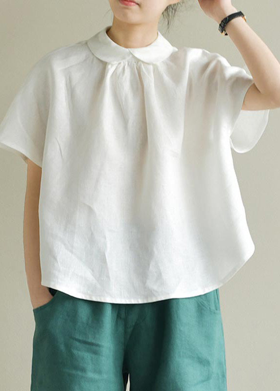 Simple black Peter Pan Collar Solid Linen Shirt Summer