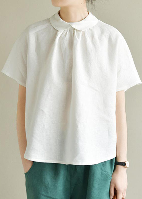 Simple black Peter Pan Collar Solid Linen Shirt Summer