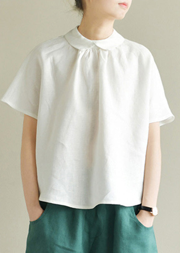 Simple yellow Peter Pan Collar Solid Linen Shirt Summer