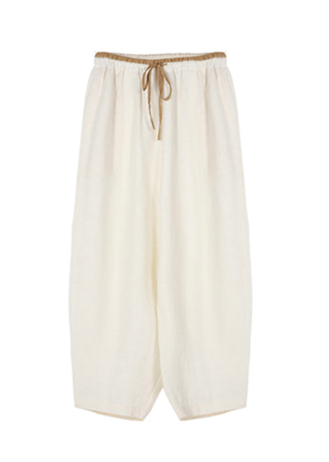 Simple White Pockets Elastic Waist Patchwork Linen Harem Pants Summer