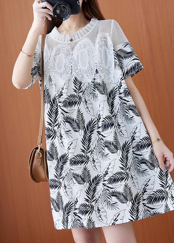 Simple White Print Patchwork  Lace A Line Summer Holiday Dress - Omychic