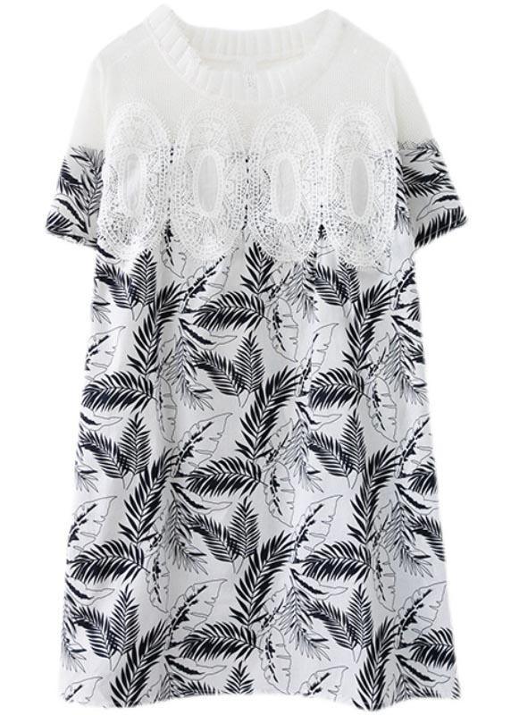 Simple White Print Patchwork  Lace A Line Summer Holiday Dress - Omychic