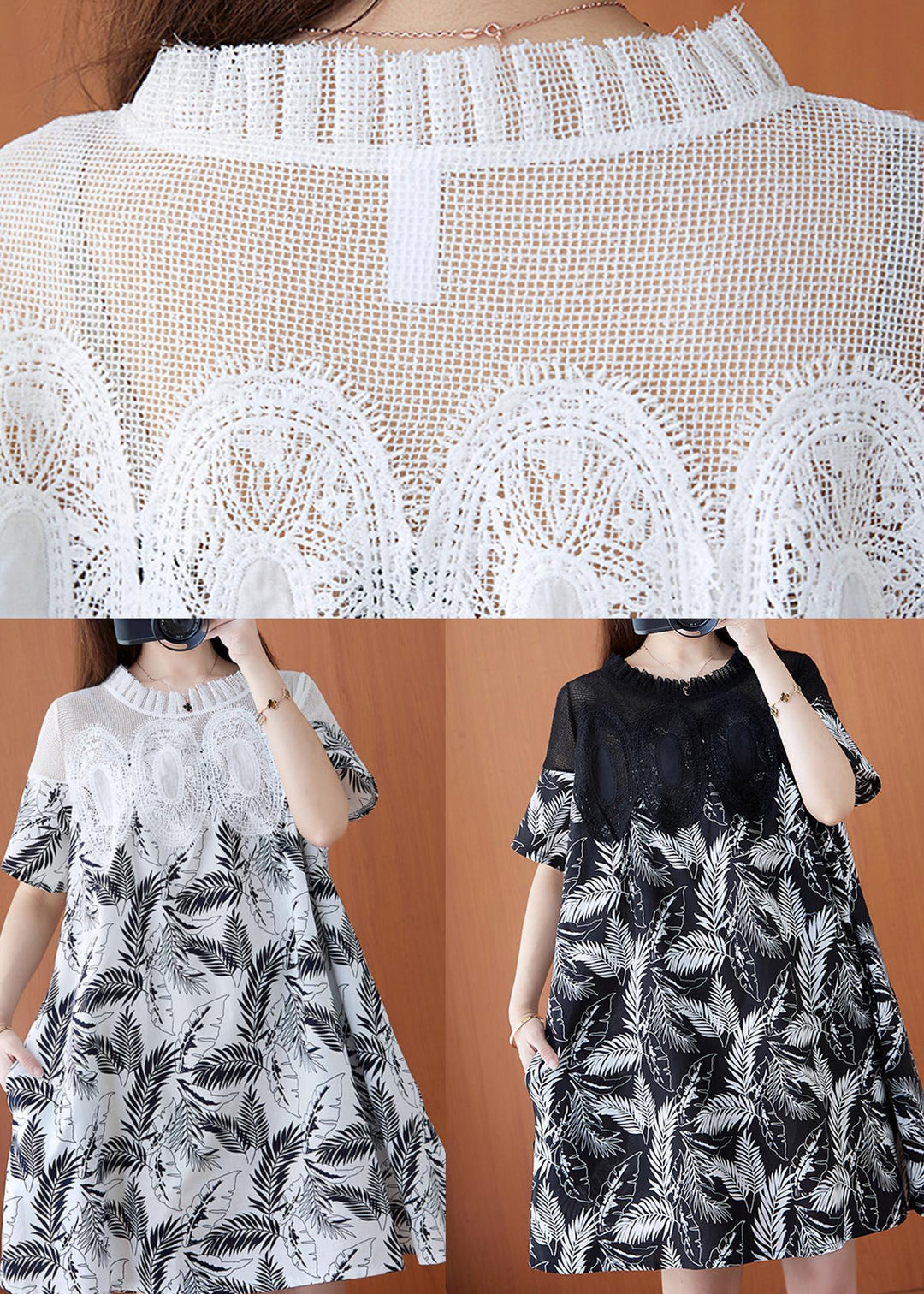 Simple White Print Patchwork  Lace A Line Summer Holiday Dress - Omychic